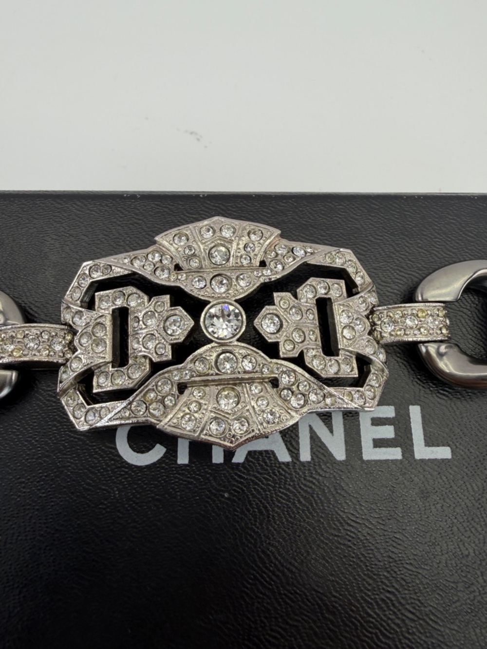CHANEL Ruthenium Gunmetal and Crystal Art Deco Bracelet with CC Charm - Picture 3 of 14